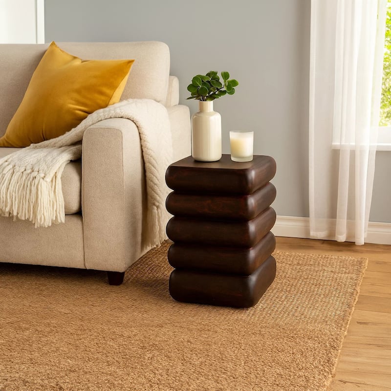 Zyra 18" Side End Table Sculptural Stacked Design Dark Cherry Brown Acacia Wood -  Sculptural Stacked Design |  Dark Cherry Brown Acacia Wood|Dark Cherry Brown