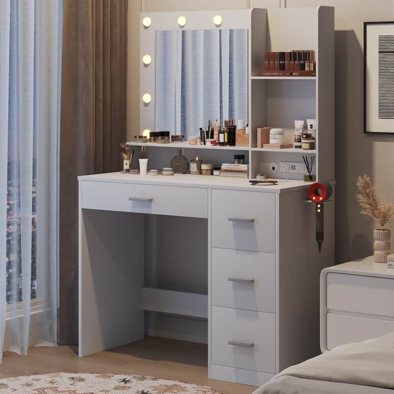 Furniwell Make up Vanity Desk with Lights and Mirror Makeup Vanity Table Set with Drawer and Power Outlet - White