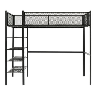 Metal Loft Bed Frame with 4-Tier Shelves and Guardrail