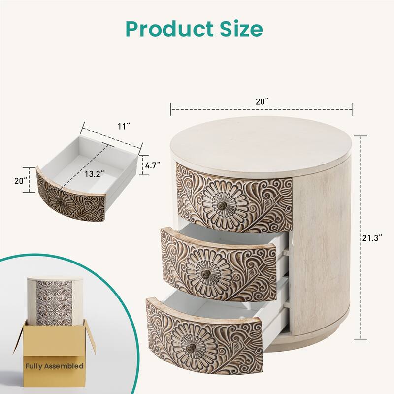SUNBURY Round 3-Drawers Nightstand Accent Storage Cabinet