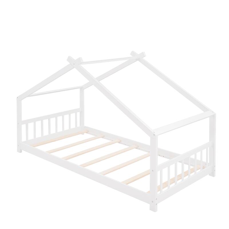 Full Size Playhouse Design Wood Bed with Roof and Semi-Enclosed Space.