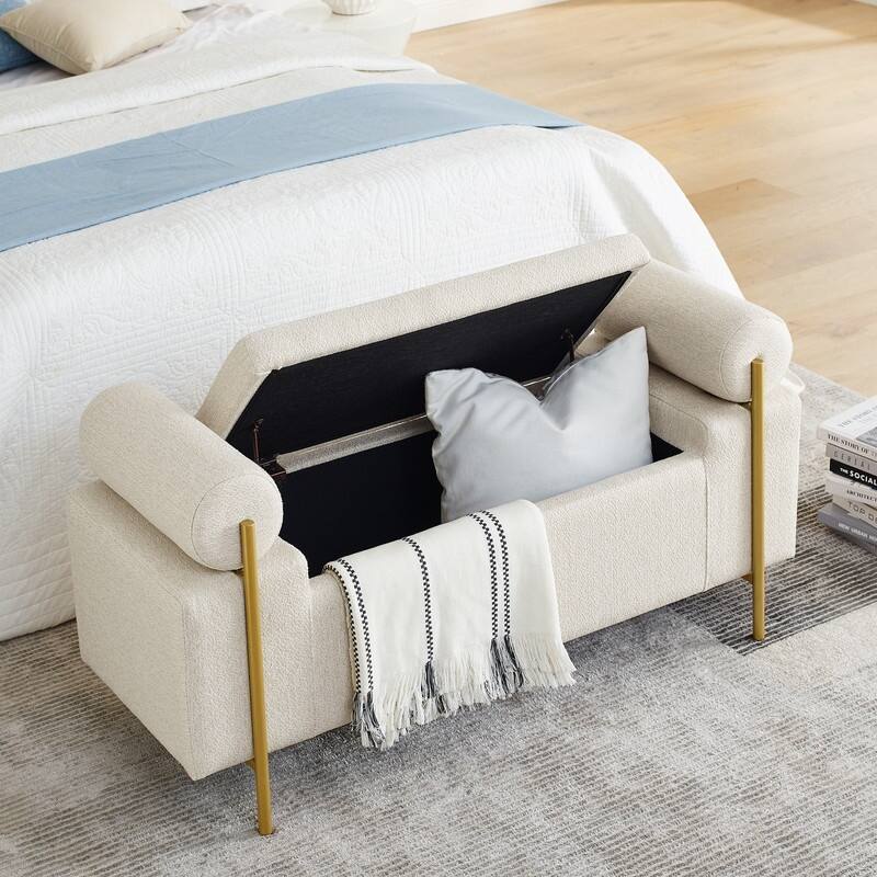Morden Velvet Upholstered Storage Ottoman Bench, Elegant Footstool with Rolled Arms and Iron Legs for Bedroom, Hallway