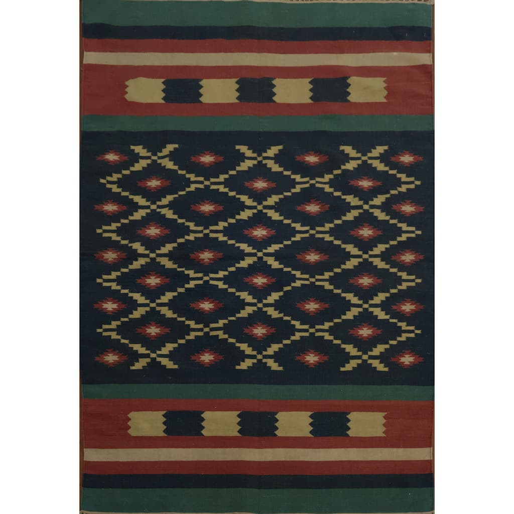 Hand Woven Oriental 100% Wool Carpet Southwestern Geometric Navy Blue & Blues Kilim Area Rug - 6' 2'' X 4' 3''