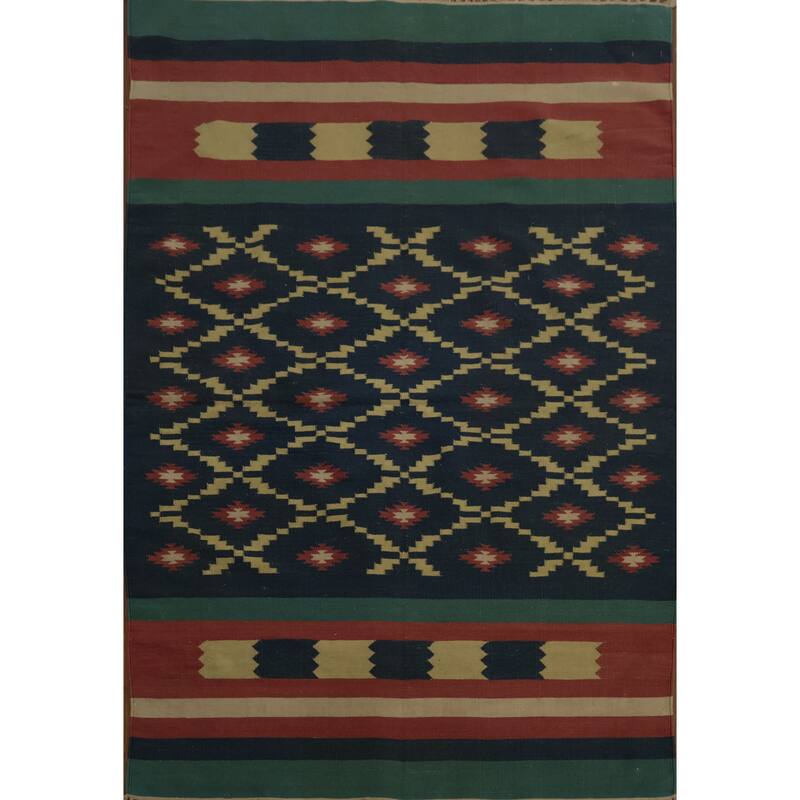 Hand Woven Oriental 100% Wool Carpet Southwestern Geometric Navy Blue & Blues Kilim Area Rug - 6' 2'' X 4' 3''