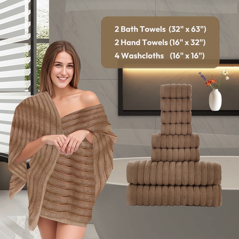 8 Piece Oversized Bath Towel Set, 100% Cotton Bath Towels, Highly Absorbant Bordered Towels