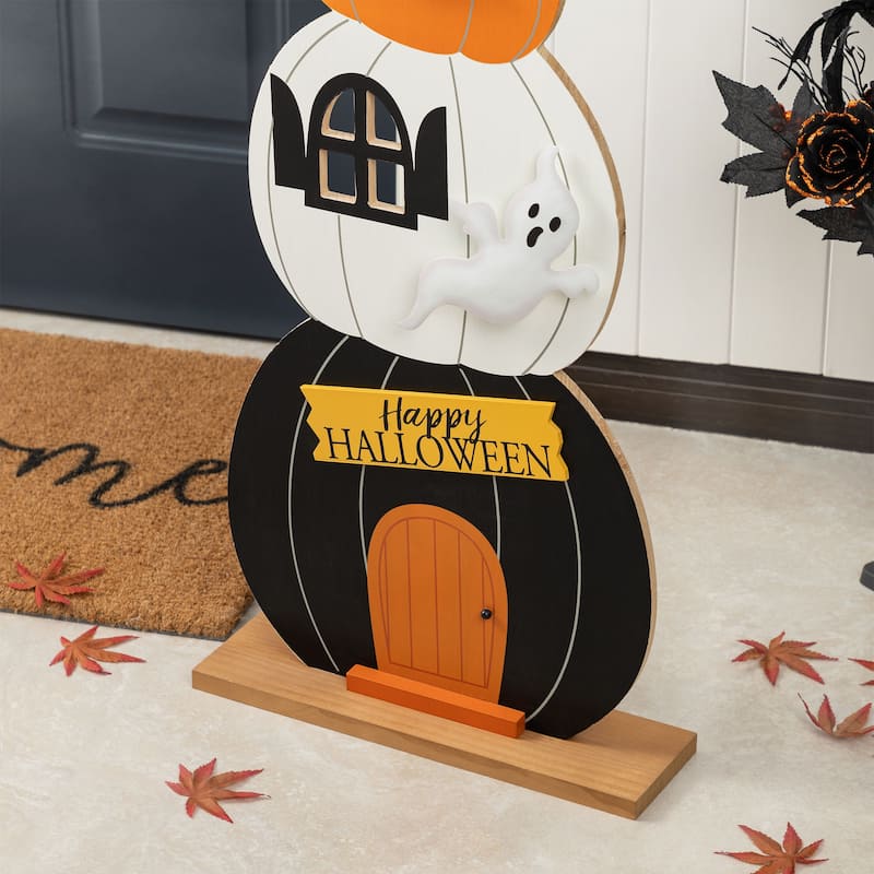 Glitzhome 35"H Halloween Wooden Pumpkin Haunted House Porch Decor