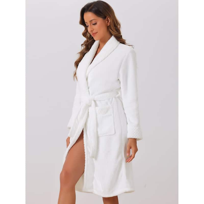 Women's Flannel Bathrobe Plush Soft Robe Fluffy Long Spa Robe - White - XXL