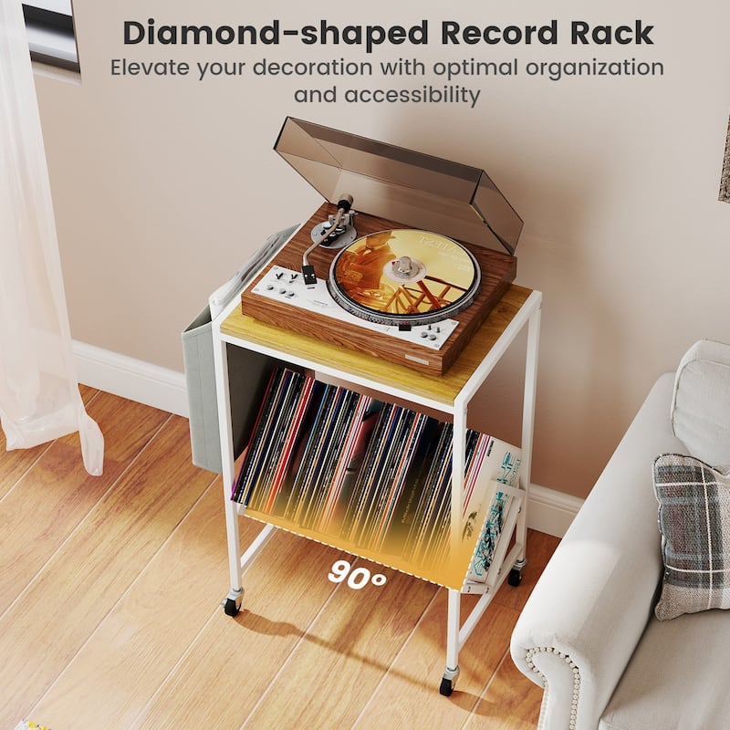 2 Tier Vinyl Record Stand with Turntable Table Magazine Holder Industrial Metal Frame Storage Shelf with Wheels