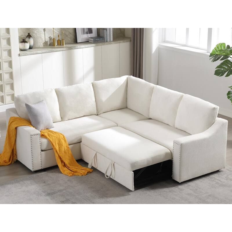 81.5'' L-Shaped 5-Seater Sectional Sofa with Pull-Out Bed and Six Pillows, Multifunctional Corner Couch for Living Areas - Beige