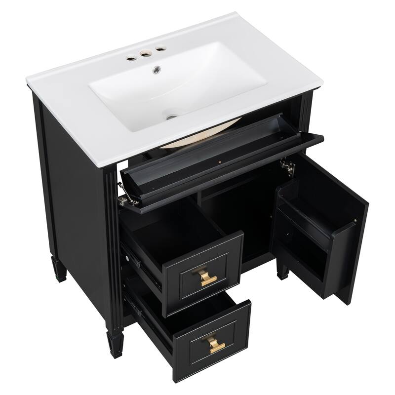 Roomfitters 30" Bathroom Vanity with Ceramic Sink, Solid Wood Frame with Flip Drawer, 2 Side Drawers & Adjustable Shelf
