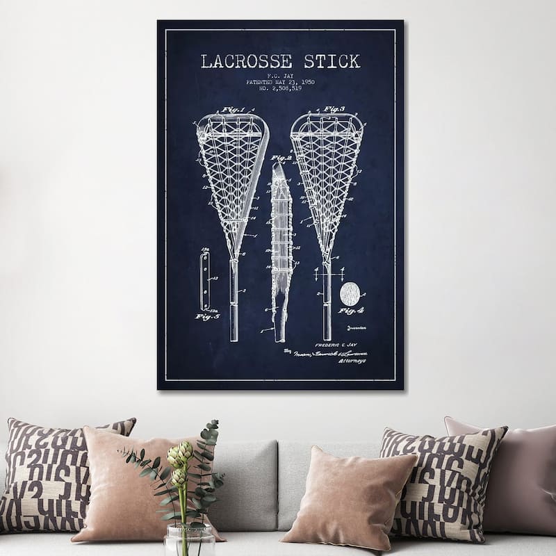 iCanvas "Lacrosse Stick Navy Blue Patent Blueprint" by Aged Pixel Canvas Print