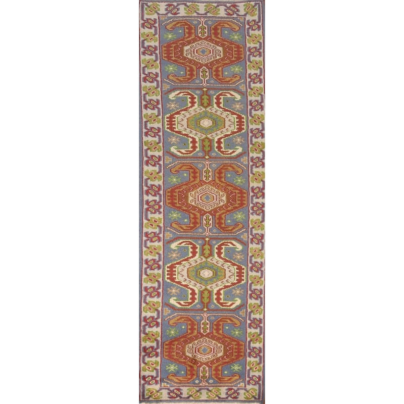 Blue Geometric Heriz Serapi Style Runner Rug Hand-Knotted Wool Carpet - 2'5" x 9'9"