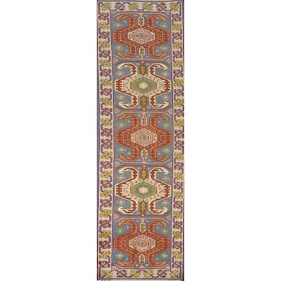 Blue Geometric Heriz Serapi Style Runner Rug Hand-Knotted Wool Carpet - 2'5" x 9'9"