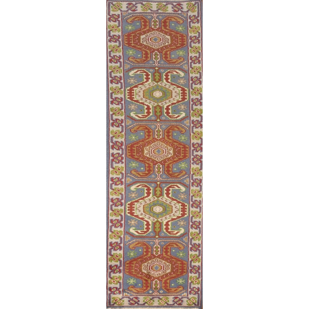 Blue Geometric Heriz Serapi Style Runner Rug Hand-Knotted Wool Carpet - 2'5" x 9'9"