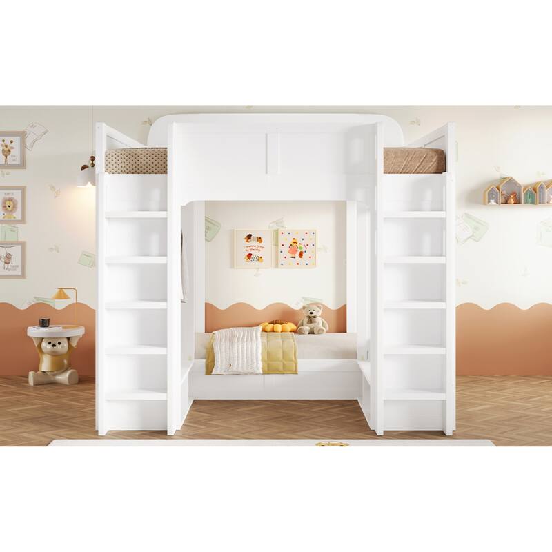 Roomfitters Triple Bunk Bed with Twin, Twin and Twin XL Beds, Storage Shelves and Hooks
