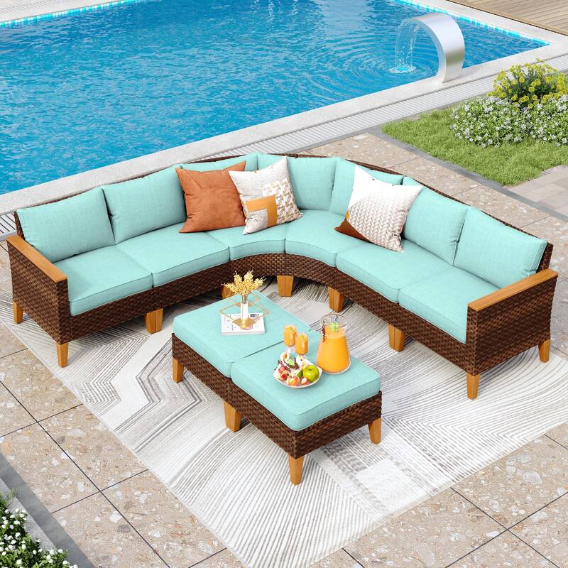12-Seat Outdoor Wicker Half-Round Furniture Set, Half-Moon Sectional Sofa All Weather Curved Conversation Set - 8-Seat - Type C