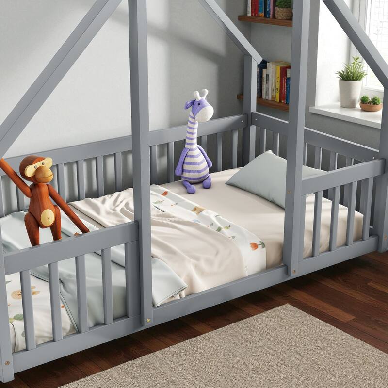 Twin/Full Size Wooden House-Shaped Floor Bed with Fence and Guardrails, Kids Montessori Bed with Roof Frame