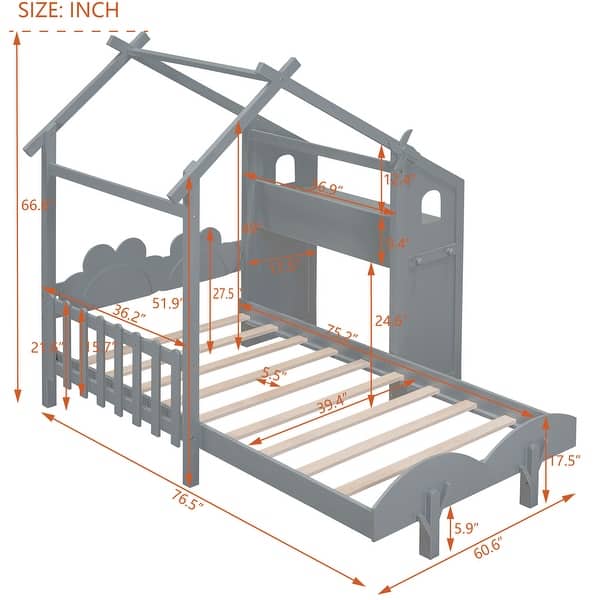 dimension image slide 0 of 3, Twin Platform Bed with Windmill, Flower Decor & Desk - House Bed Style