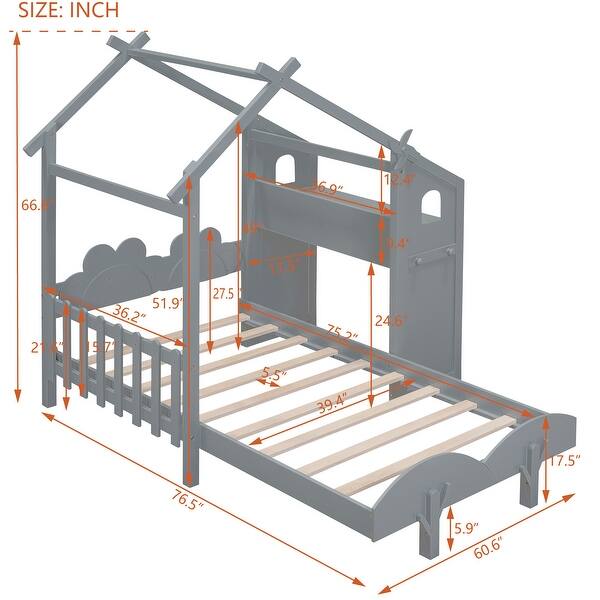 Twin Size Platform Bed with Windmill, Flower Decor, and Desk
