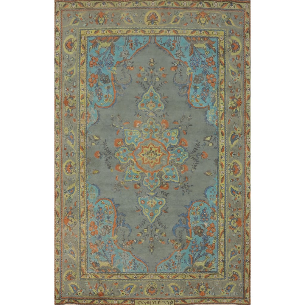 Hand Knotted Oriental 100% Wool Carpet Traditional Medallion Greys & Charcoal Tabriz Area Rug - 9' 7'' X 6' 7''