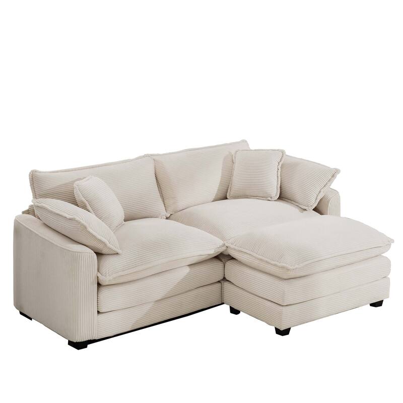 Beige Corduroy Cloud L-Shaped Sectional Sofa with Removable Ottoman and 4 Pillows