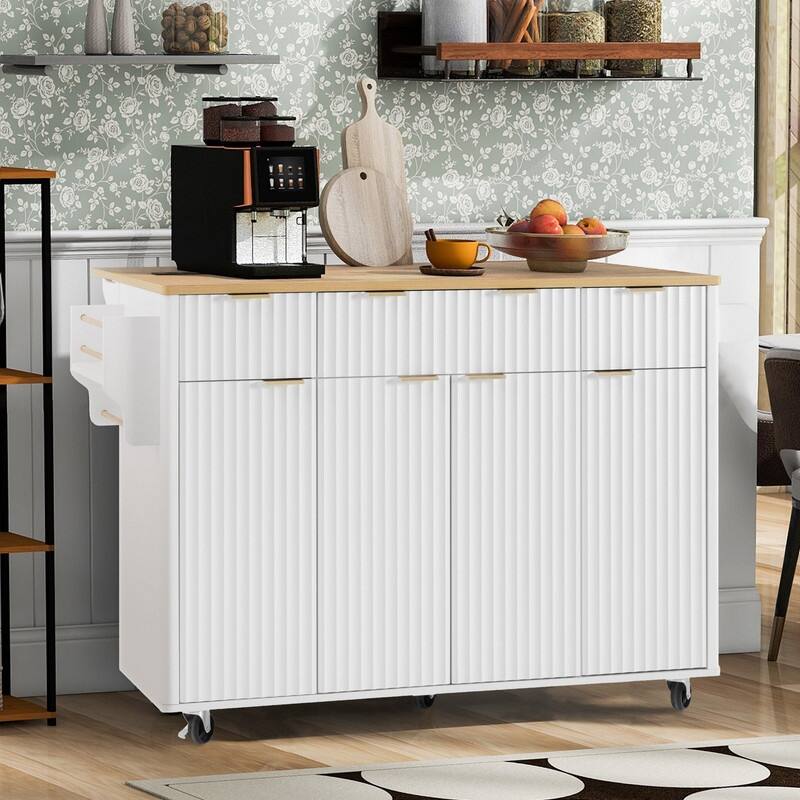 Fluted 55.5" Kitchen Island with Drop Leaf, Rolling Island Table with Drawers, Power Outlet for Functional Kitchen Organization