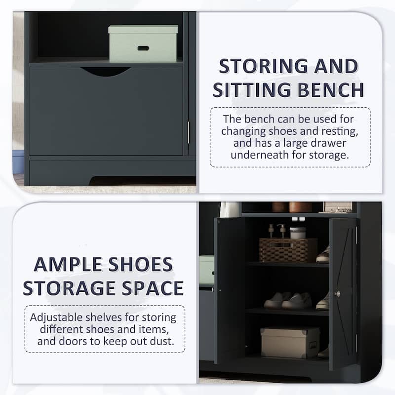 Elegant Hall Tree Hallway Shoe Cabinet with Storage Bench, Shelves, Drawers, and Coat Rack for Entryway, Hallway Organizer