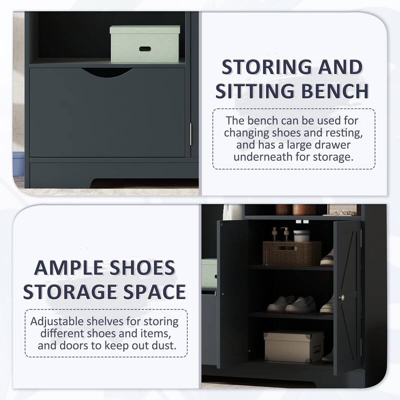Entryway Cabinet Hall Tree Cabinet Shoe Cabinet with Bench and Coat Hooks, Storage Cabinet Coat Rack