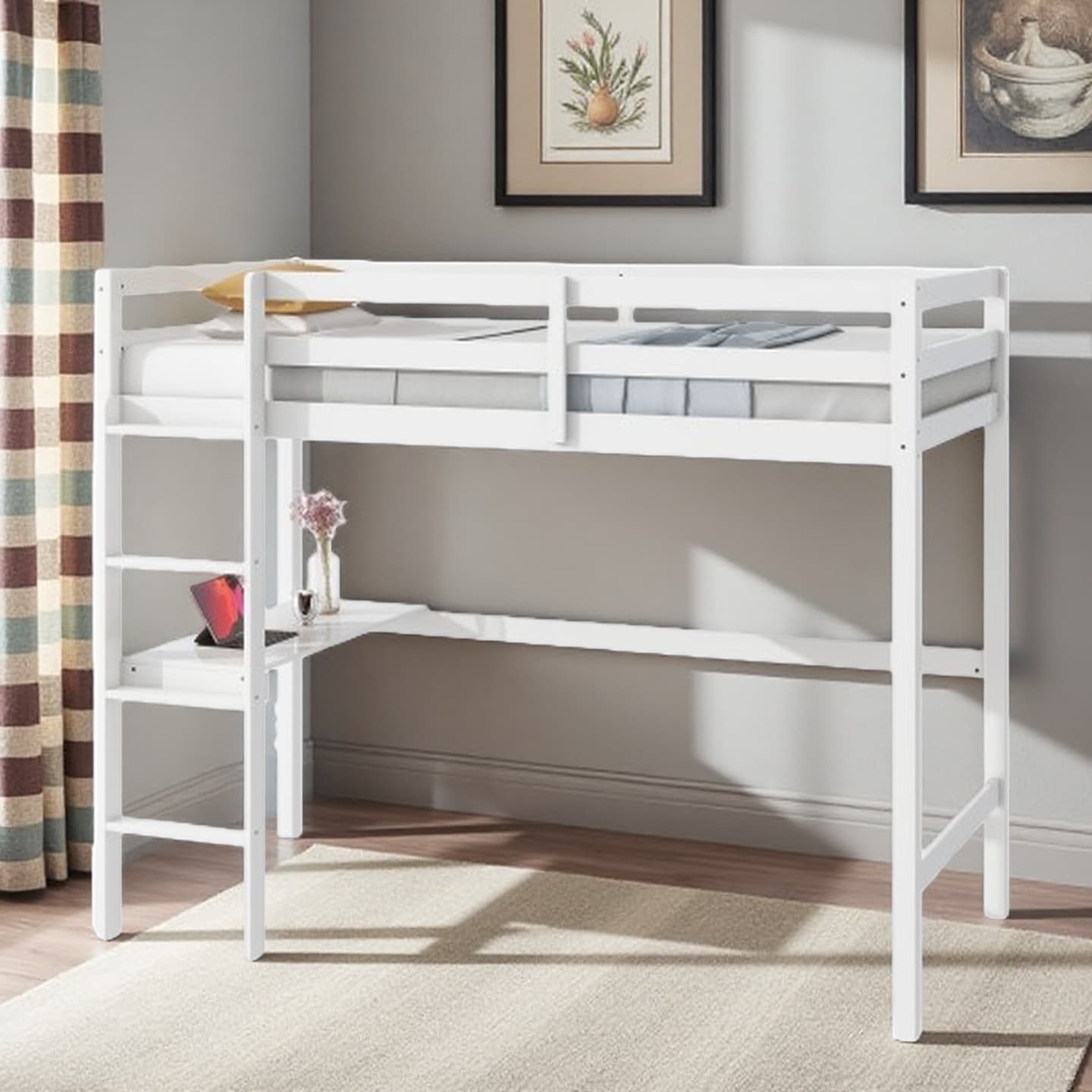 Twin High Loft Bed with Built-in Desk, Safety Guardrails, Ladder, and Rubber Wood Frame
