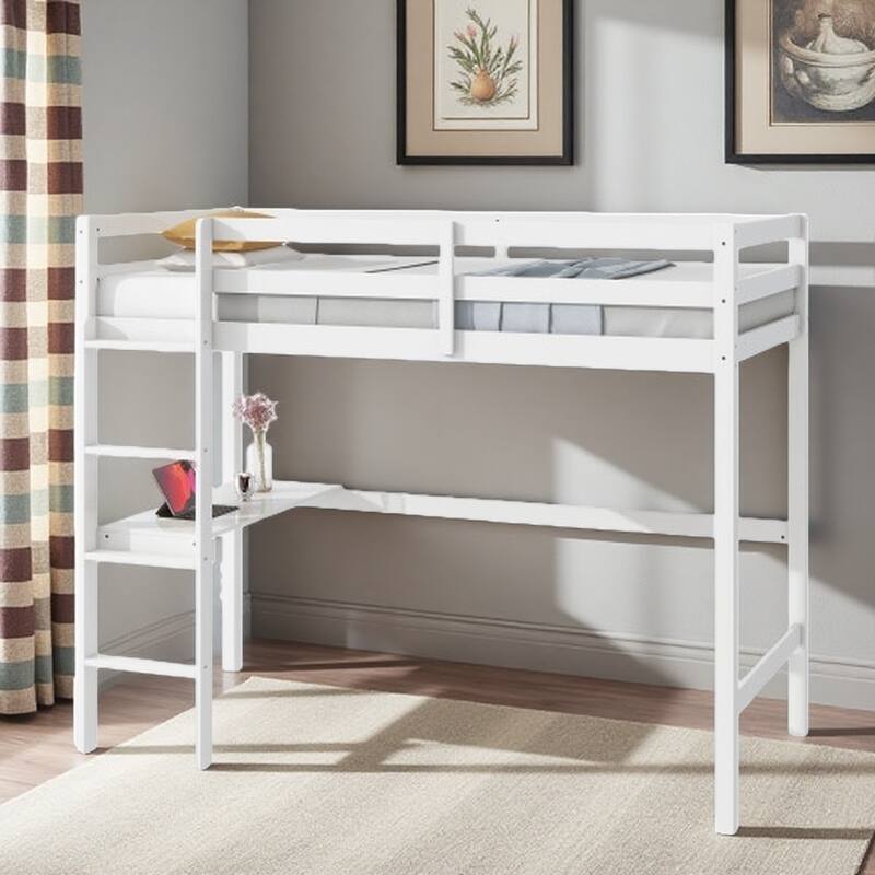 Twin High Loft Bed with Built-in Desk, Safety Guardrails, Ladder, and Rubber Wood Frame - White