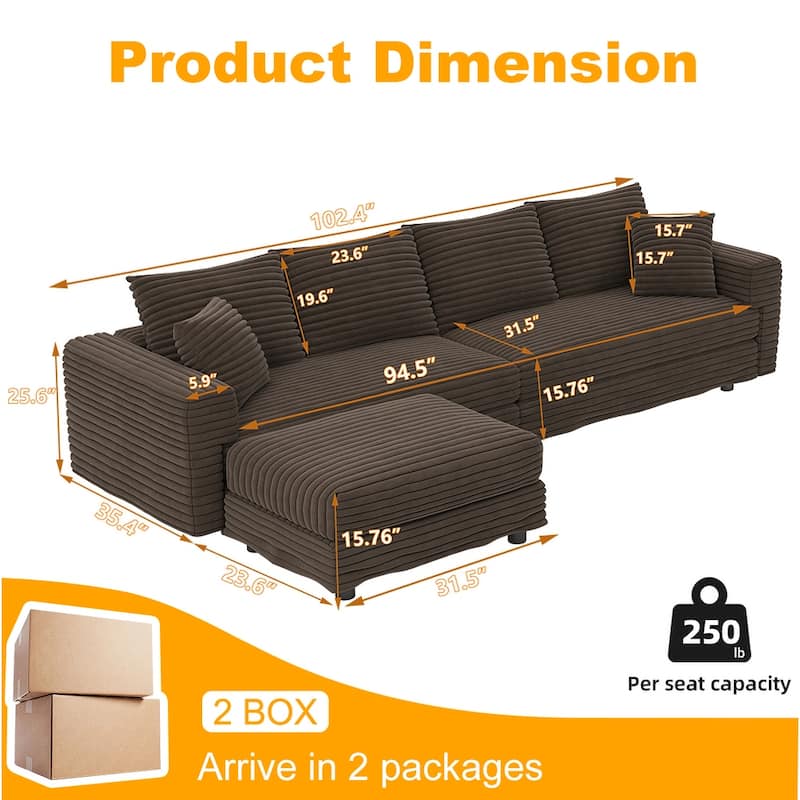 102.4" Corduroy Couch with Ottomans, 4 Seat Convertible Modular Sectional Sofa, Upholstered Couches with Pillows for Living Room