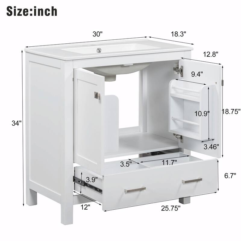 36"/30" Bathroom Vanity with Ceramic Sink, Soft-Close Doors, Double Storage Shelves & Divided Drawer