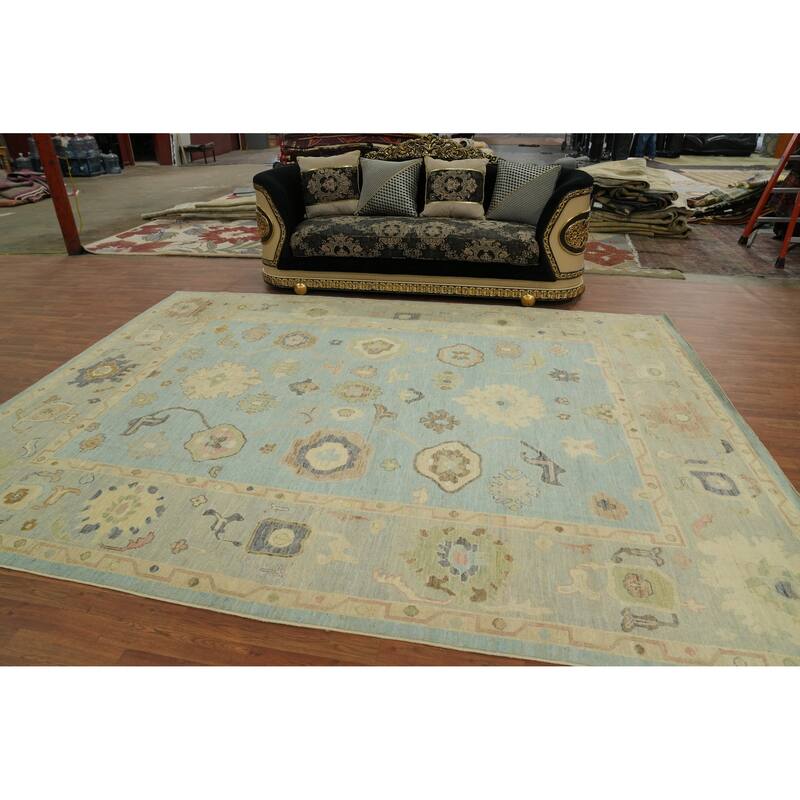Vegetable Dye Blue Oushak Turkish Area Rug, Floral Geometric Carpet - 12' 0'' X 9' 3''
