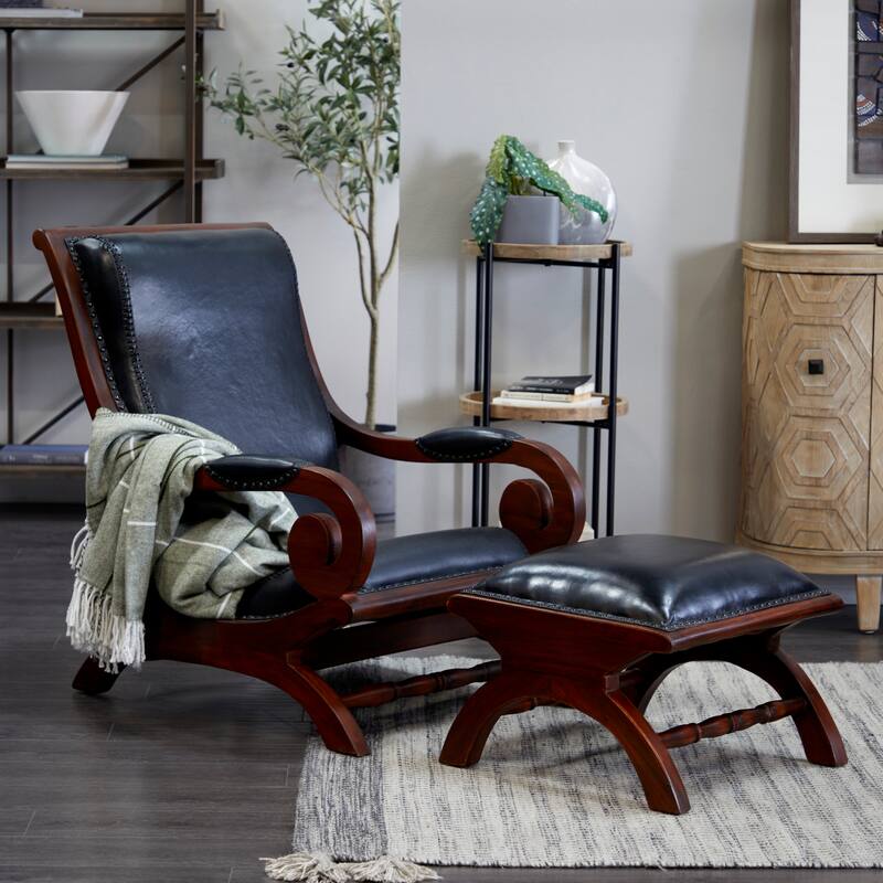 Leather Handmade Accent Chair with Ottoman with Scrolled Wood Arms and Arched Legs - Brown or Black - Roche River Decor