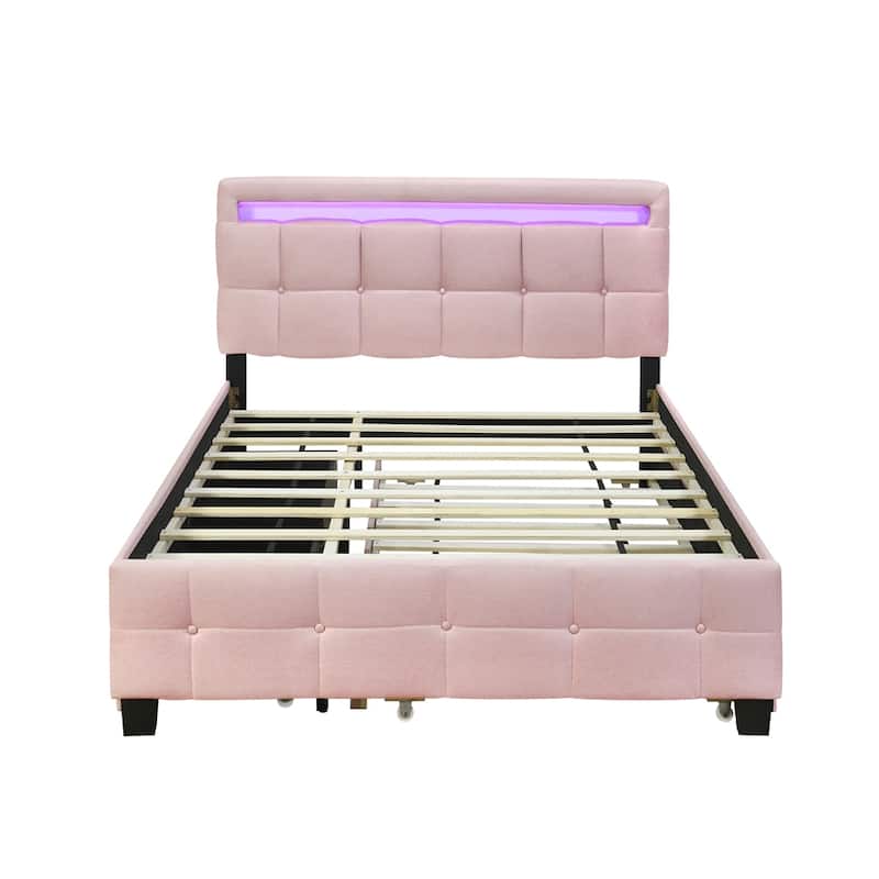 Queen Size Upholstered Platform Bed w/ LED Frame, Twin XL Size Trundle