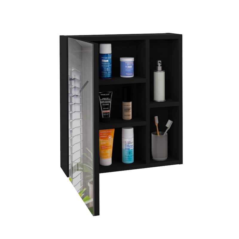 Medicine Cabinet - 17.7" W, 19" H, Mirror Door, 3 Interior Shelves, 2 Open Shelves, Wall-Mounted Storage