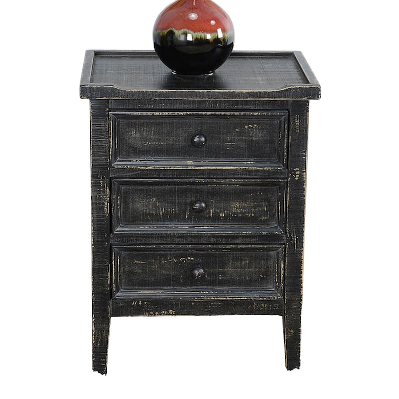 Rena End Table with 3 Drawers, 19 Inch Distressed Black Mahogany Wood