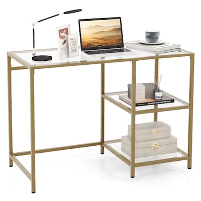 Gymax Computer Desk Tempered Glass Workstation Vanity Table w/ 2-Tier