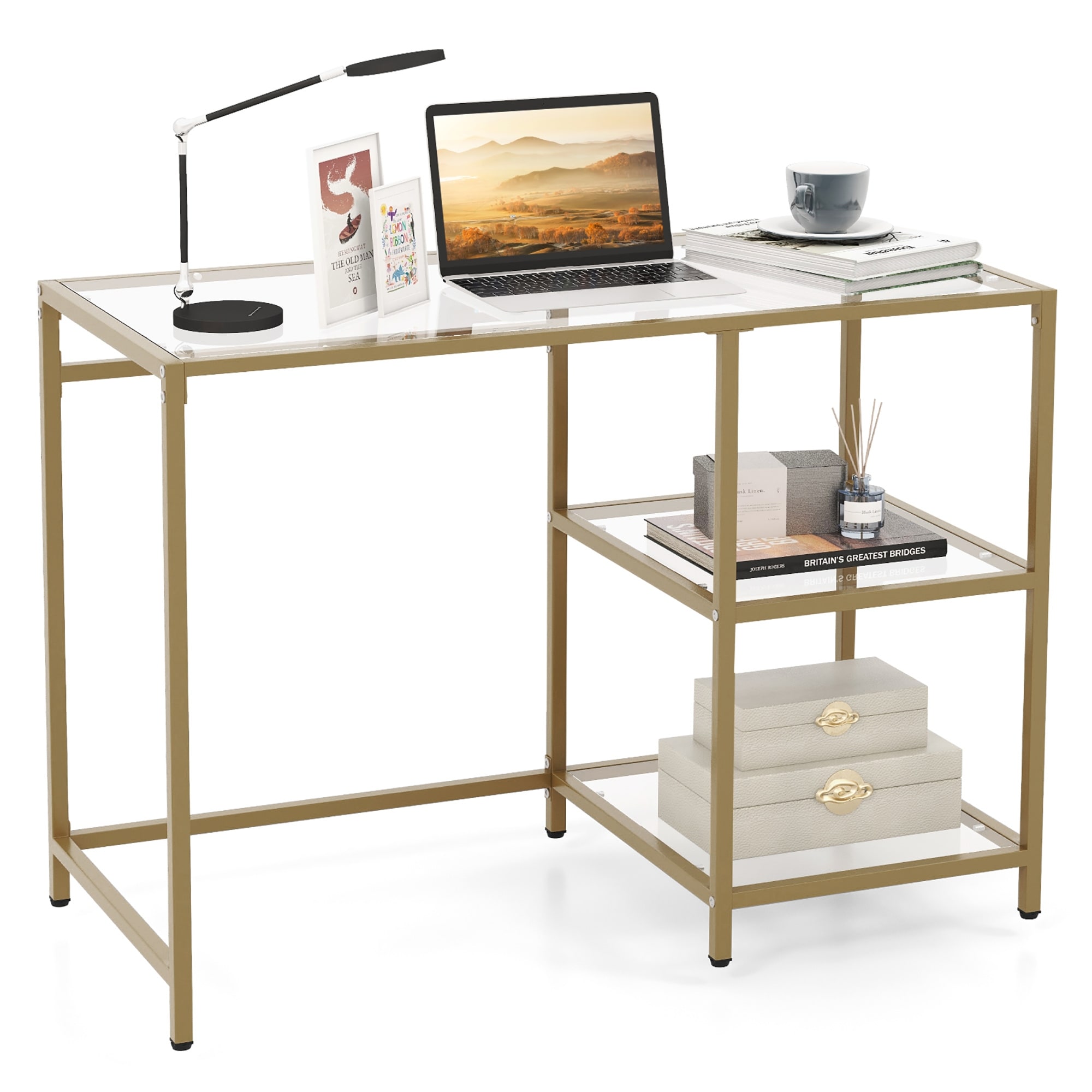 Gymax Computer Desk Tempered Glass Workstation Vanity Table w/ 2-Tier