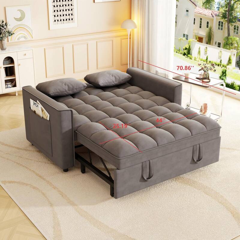 Anmytek Modern Velvet Small Loveseat Pull Out Sleeper Sofa Bed with Pillows and Side Pockets
