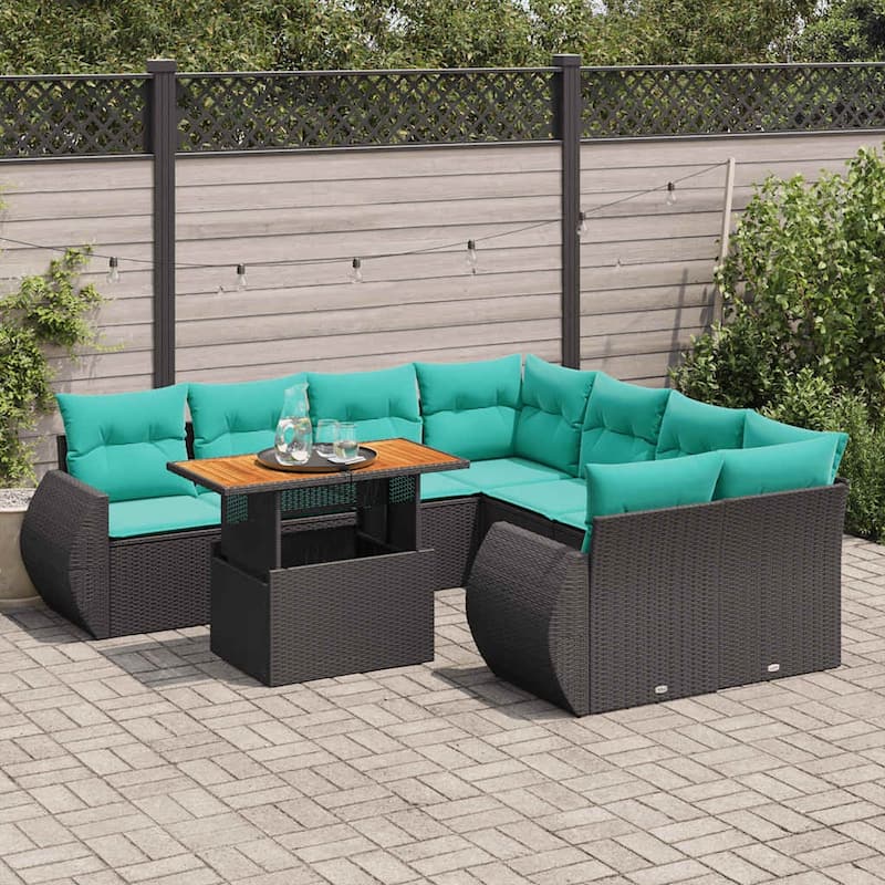 vidaXL Patio Sofa Set with Cushions Outdoor Furniture 9 Piece Poly Rattan - 21.7 x 24.4 x 27.2