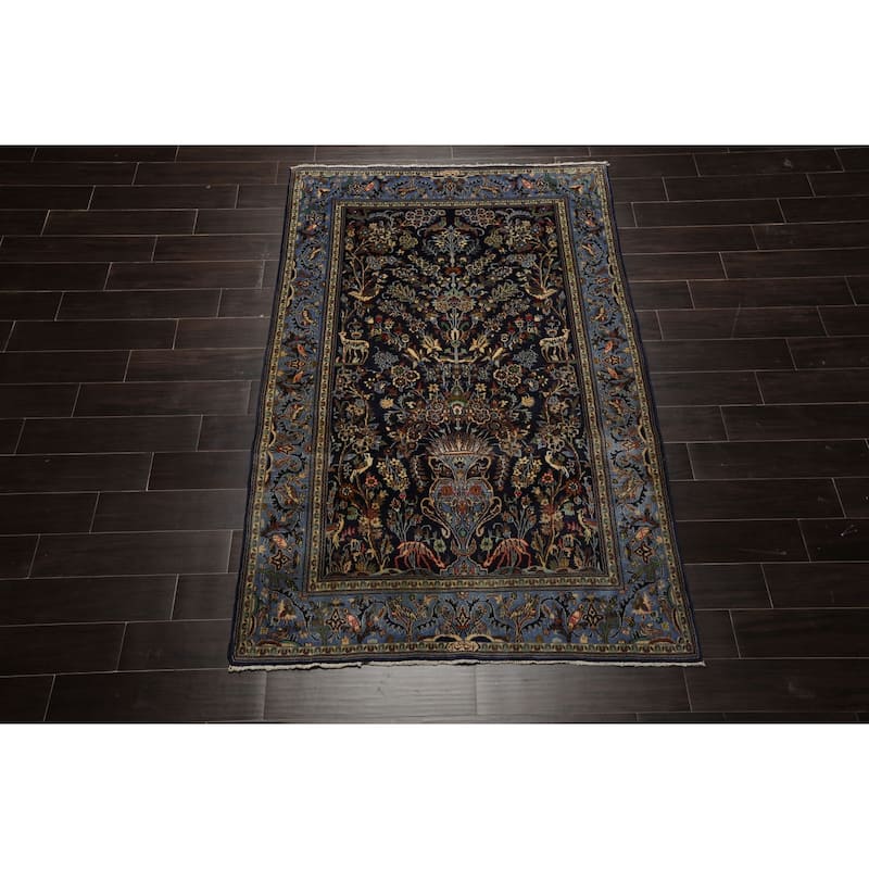Kaszan Traditional Pictorial 200 KPSI 4'6''x7'1'' Hand Knotted Wool Navy Rug - 4' 6'' x 7' 1''