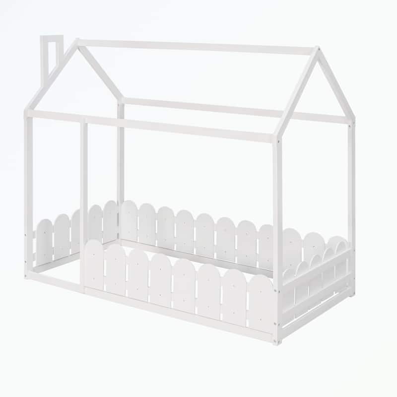 Twin Size Wood Bed House Bed Frame with Fence