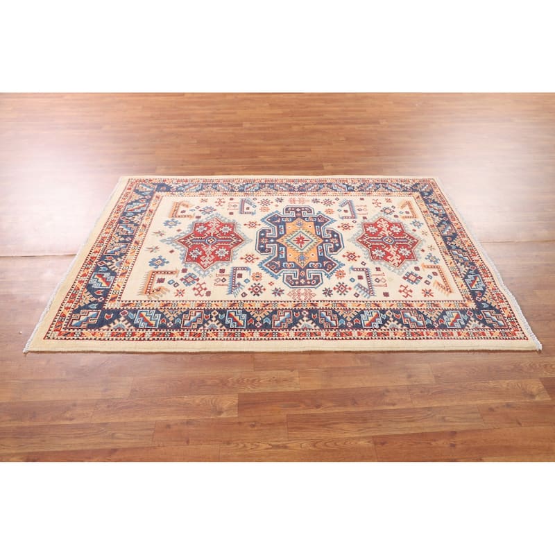 Beige / Ivory Geometric Kazak Oriental Rug Hand-Knotted Wool Carpet - 4'2" x 5'11"