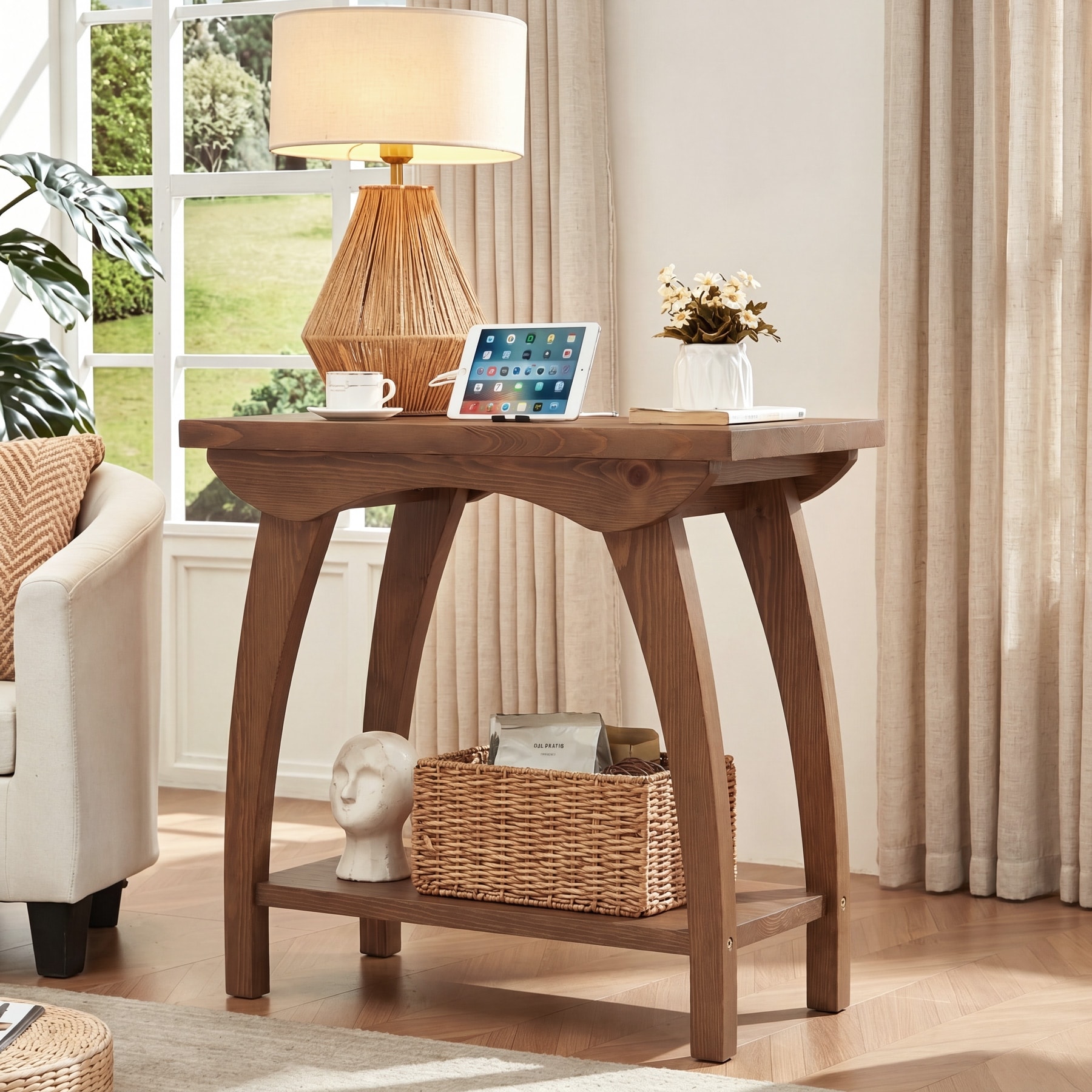 2-Tier Solid Wood End Table, Farmhouse Rectangle Couch Side Table