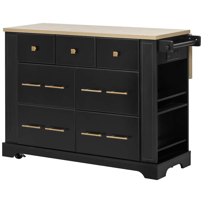 Kitchen Island with 6 Drawers, Pull Out Trash Can Storage, with Drop Leaf, Power Outlet, 5 Open Side Racks