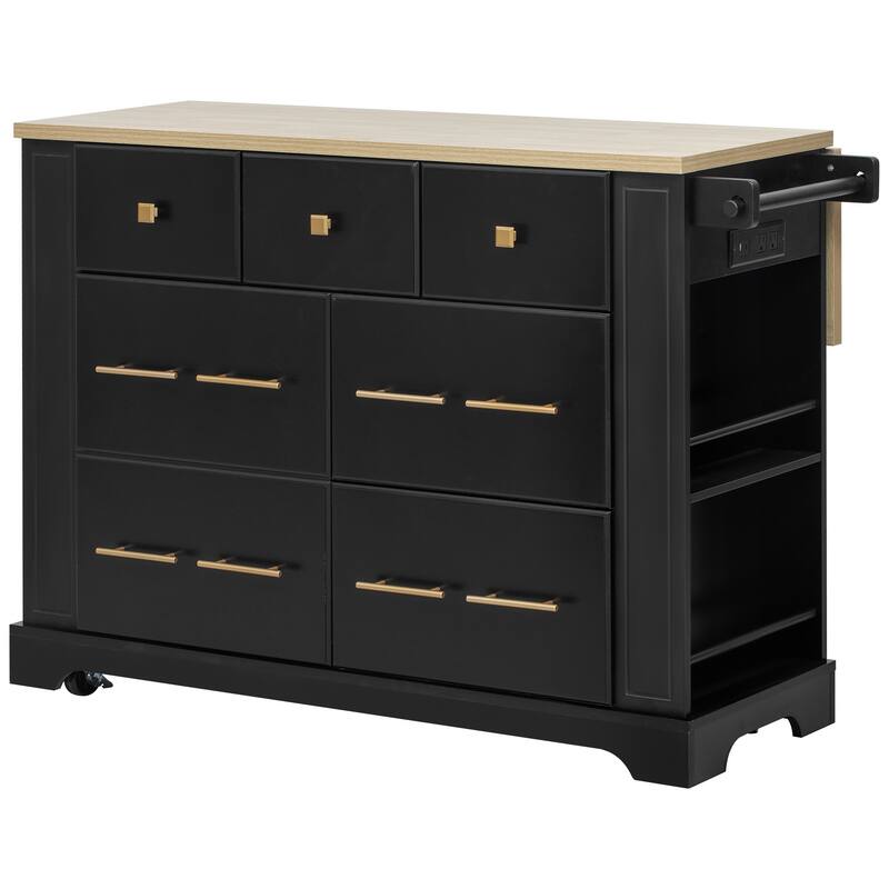 Modern Kitchen Island with Folding Board, 6 Drawers, Pull-Out Trash Can, Power Socket and 5 Open Side Shelves, for Kitchen