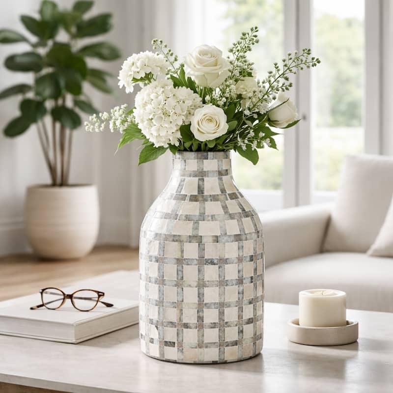 Mosaic Capiz Vase with Checkered Pattern - Tall Flower Vase
