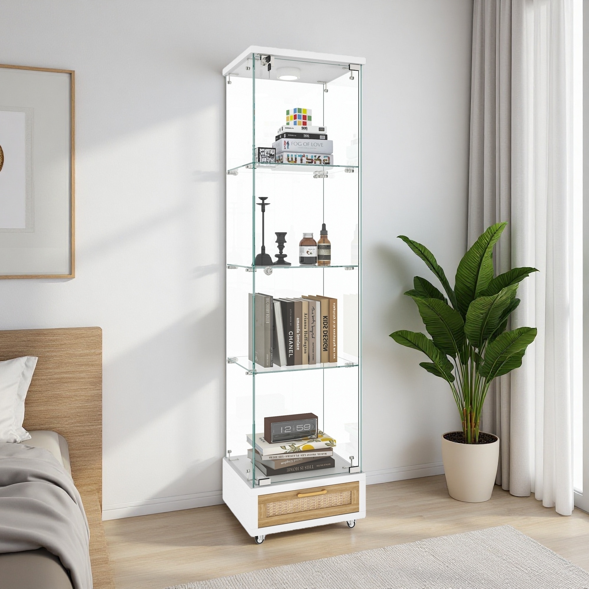 65.8"H Modern Glass Display Cabinet with LED Lights, Tempered Glass 1-Door Storage Case, 4 Shelves & Drawer, for Living Room