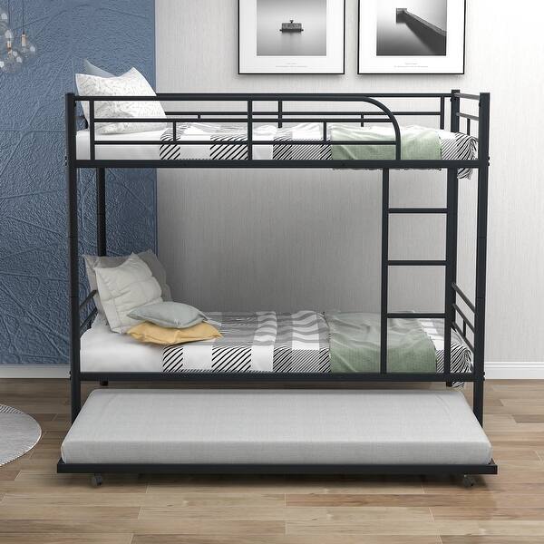 slide 2 of 27, Twin-Over-Twin Metal Bunk Bed with Trundle, Can be Divided into Two Beds, Metal Bedframe w/Guardrails for Kids, Teens, Adults Black - Twin